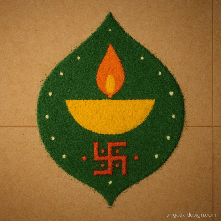 Easy rangoli designs for navratri with a diya above a swastik and dots