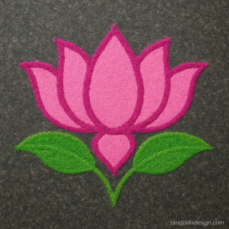 Easy navratri rangoli design of a lotus on a 7 to 4 dot grid