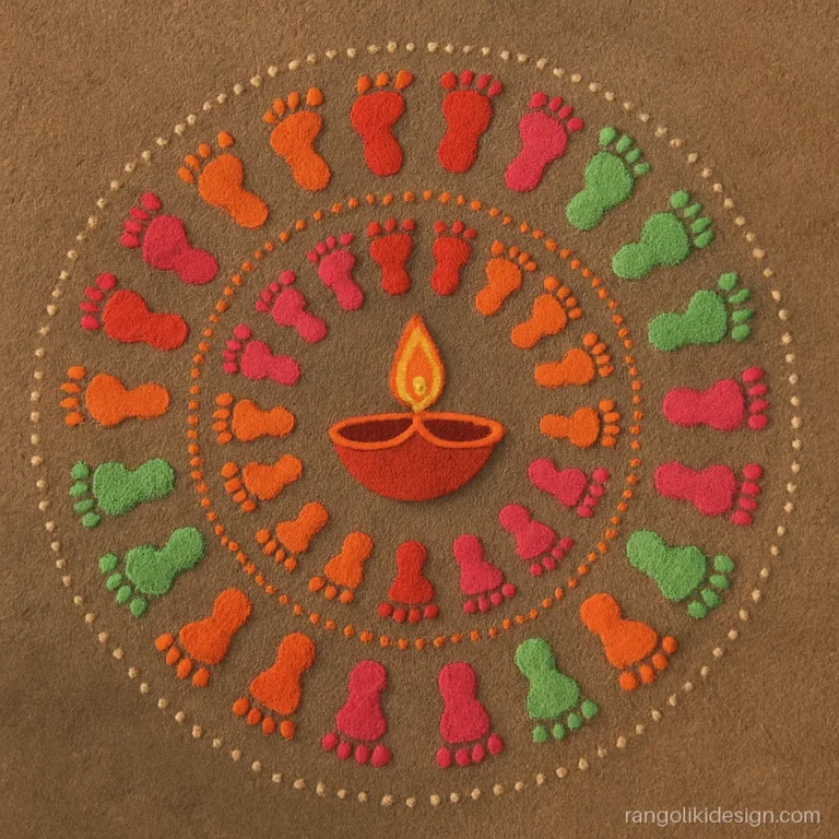 Navratri rangoli designs with a garba circle shown as rings of colourful footsteps
