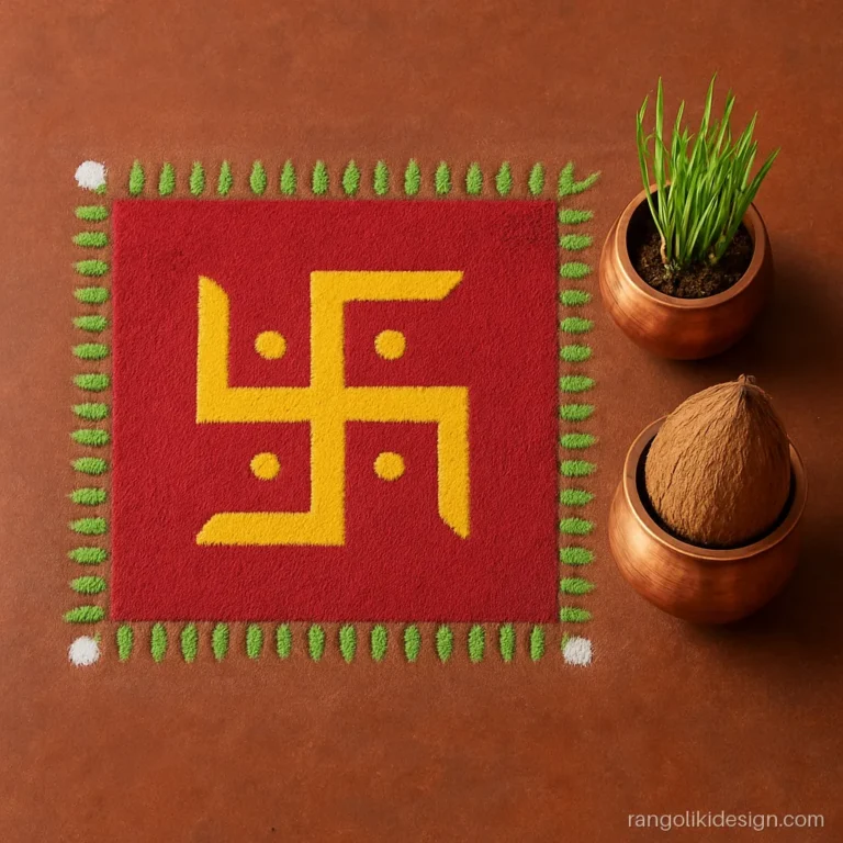 Ghatasthapana rangoli with a clay pot of sprouting jowar on a red swastik square