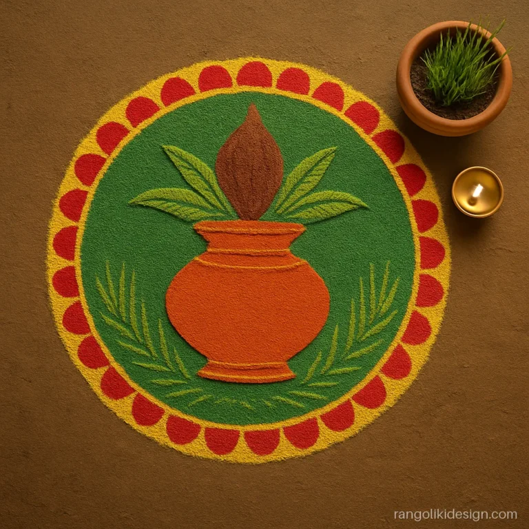Ghatasthapana rangoli design with a kalash, barley sprouts and mango leaves
