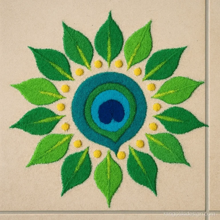 Navratri green colour rangoli design with leaf shapes and a peacock feather centre