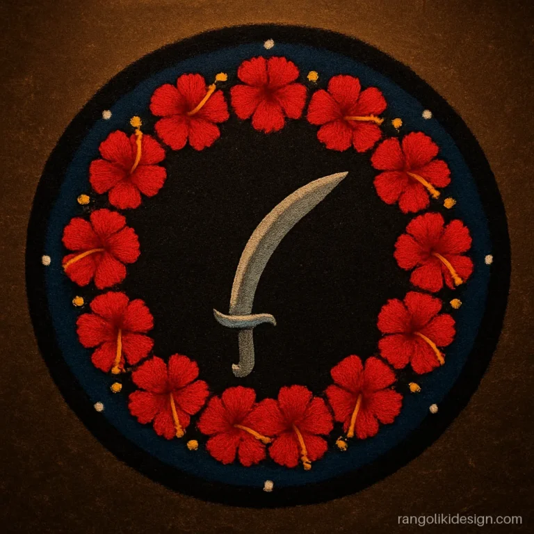 Durga kali mata rangoli design with red hibiscus garland and a curved sword