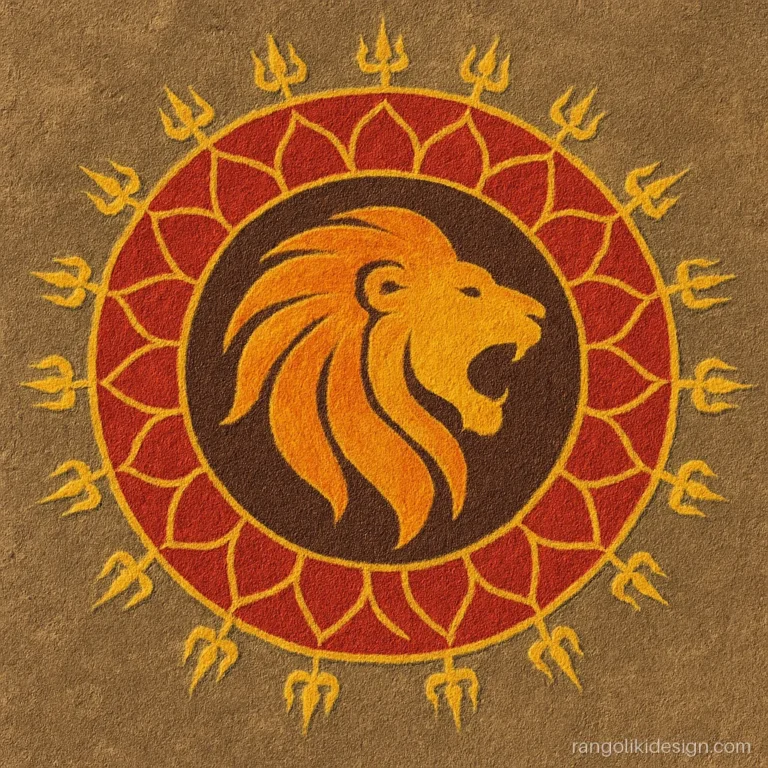 Durga rangoli design with a stylised lion silhouette inside a mandala ring