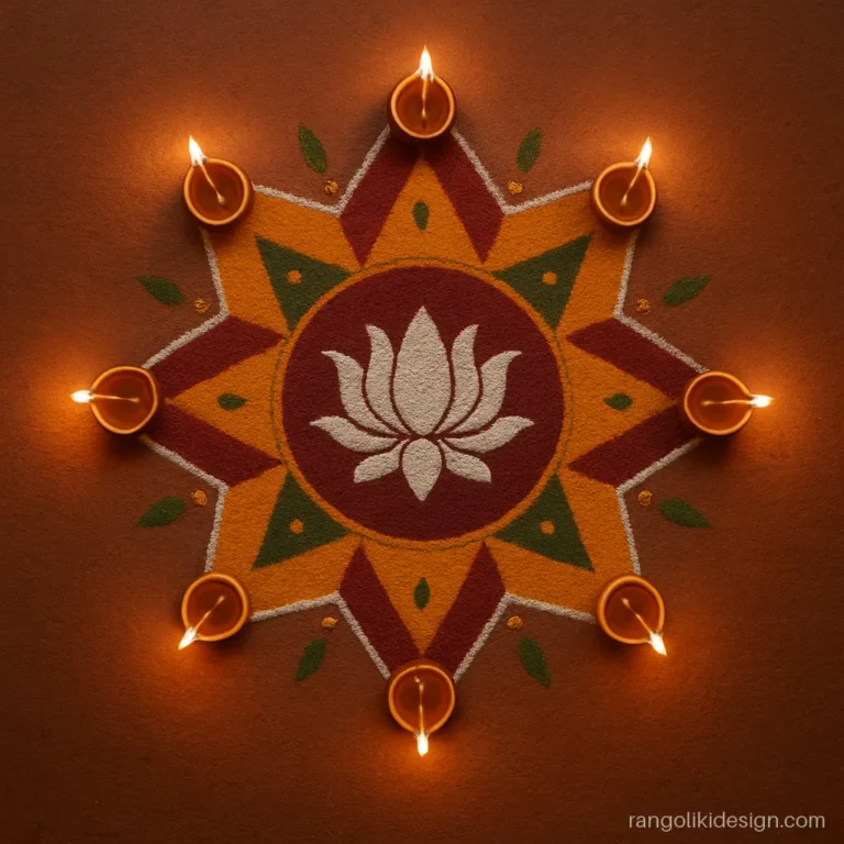 Navratri rangoli design for Navami with a nine-point star of diyas and lotus