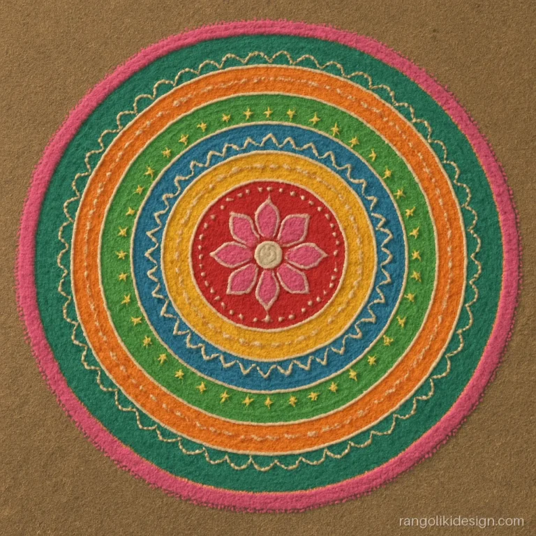 Navratri rangoli designs with nine colour rings in a round mandala and a lotus centre