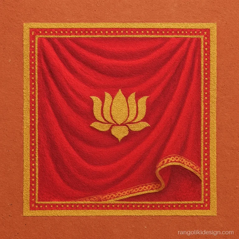 Navratri rangoli of a red chunri with gold border draped in a square frame