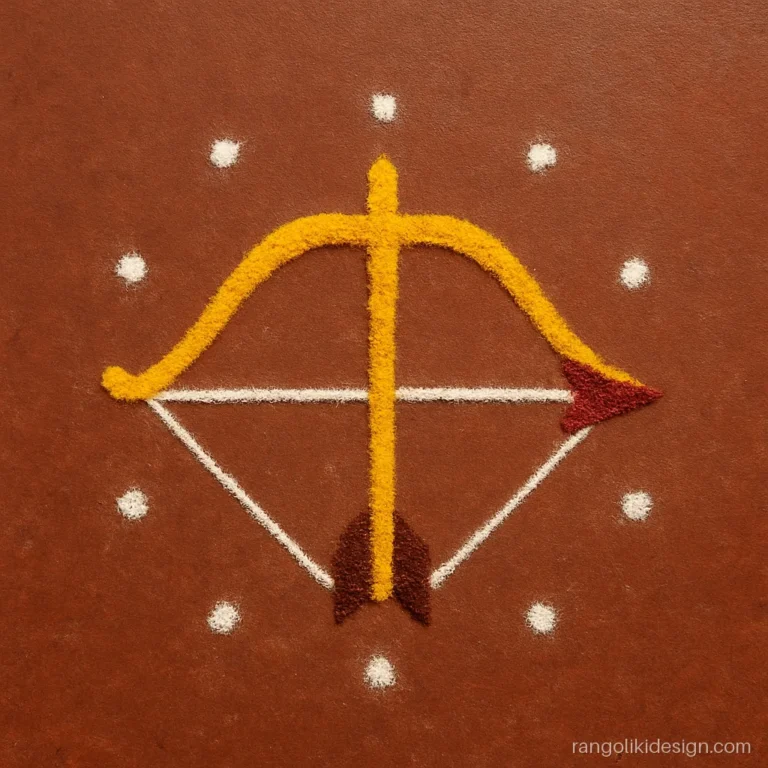 Simple dussehra rangoli with a bow and arrow on a dot grid and yellow fill