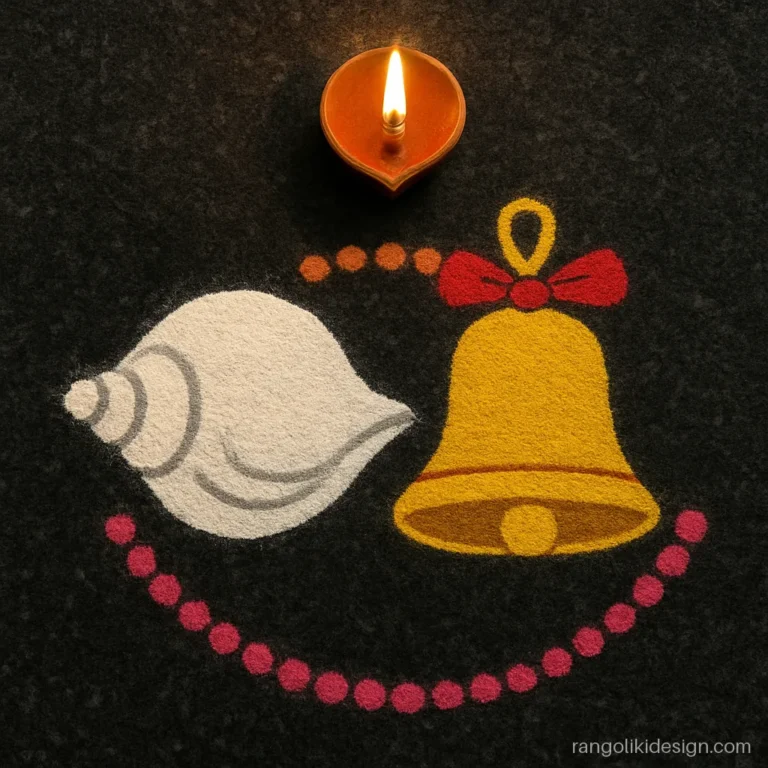 Simple rangoli design for navratri with a white conch, a brass bell and dots