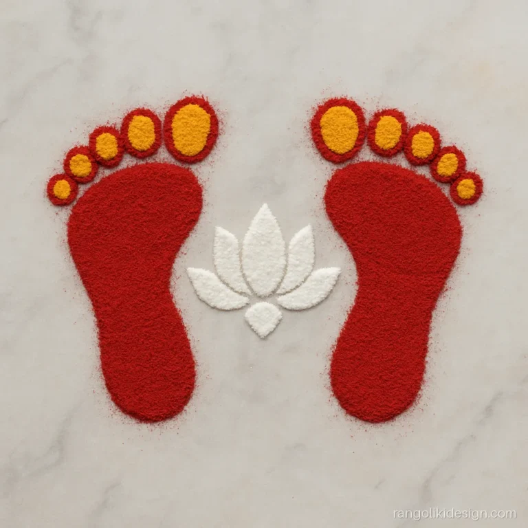 Small navratri rangoli with kumkum footprints of the Devi entering the home