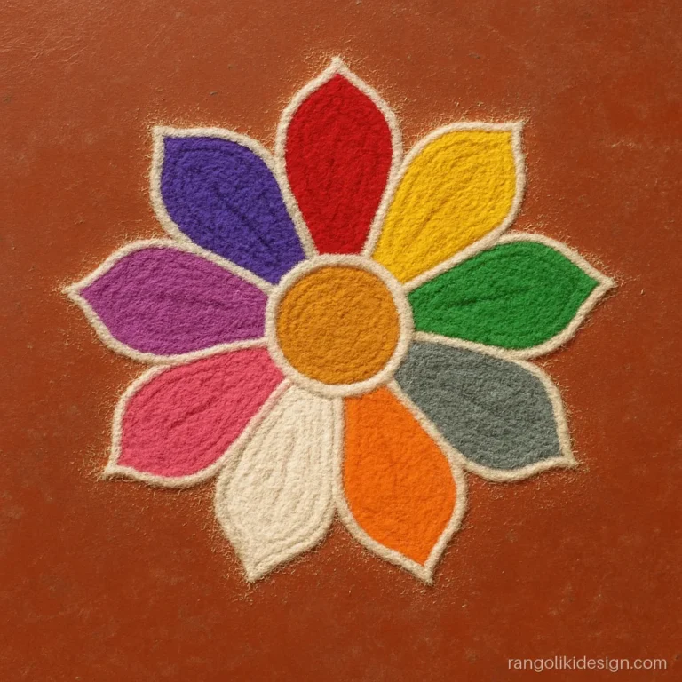 Small rangoli designs for navratri with nine coloured petals around one dot