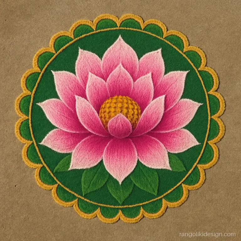 Vijayadashami rangoli design with a big layered lotus and gold border