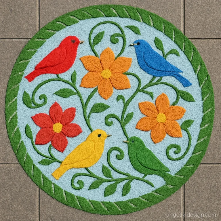New rangoli designs with a big garden of birds and flowers