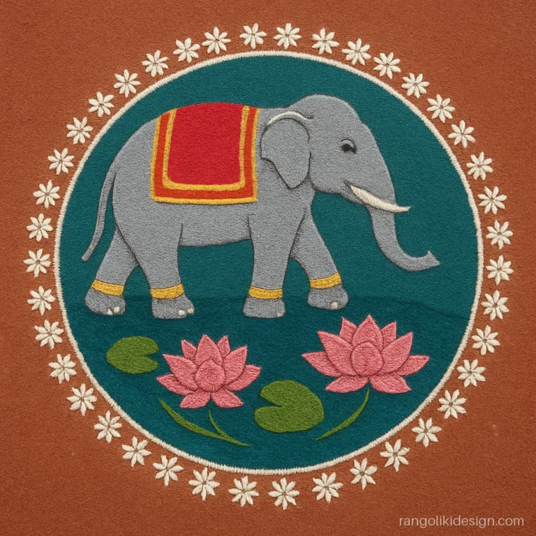 Big new rangoli design with a decorated elephant and lotus pond