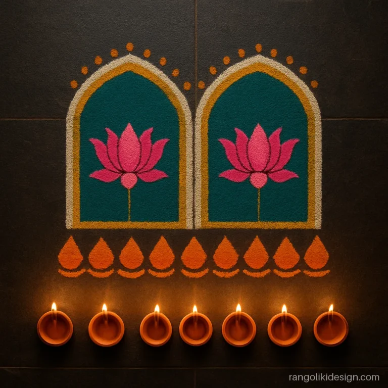 Big trending rangoli design with two arches and a row of diyas