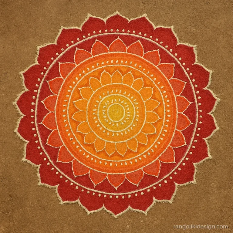 New rangoli designs 2026 with a big ombre mandala in sunset colours