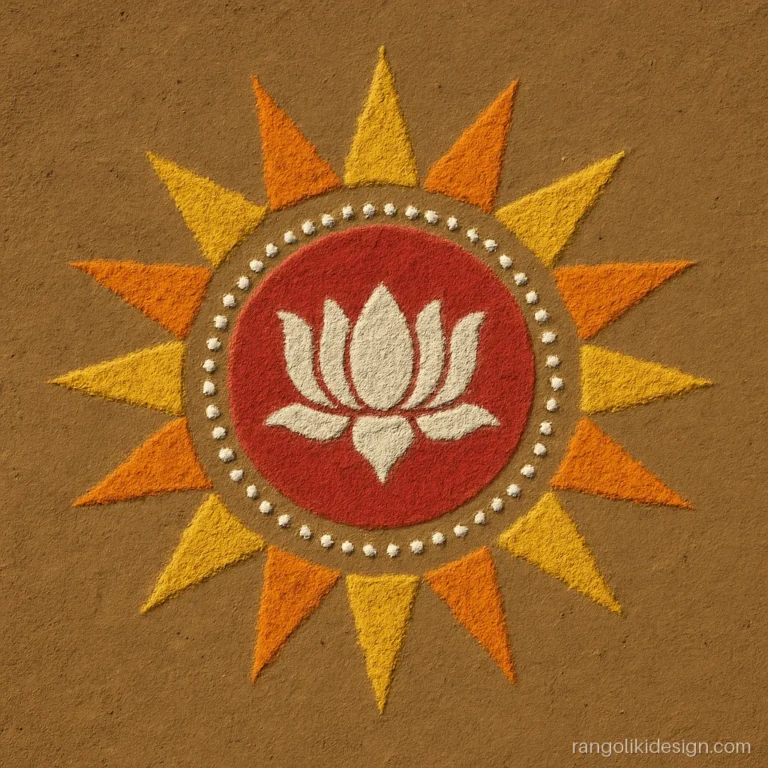 Big latest rangoli design with a sun chakra on a large dot grid
