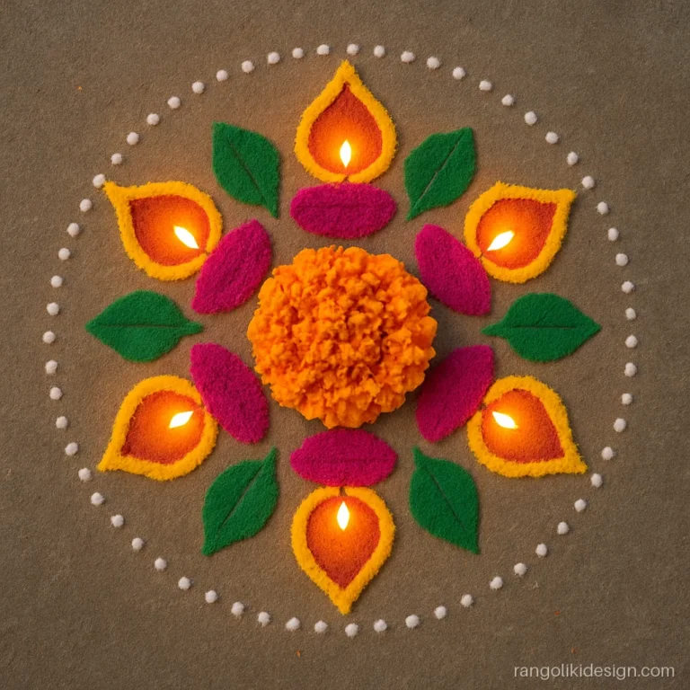 Easy new rangoli designs with a flower and diya mix for Diwali