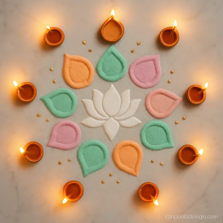 New Diwali rangoli design with pastel diyas in a ring