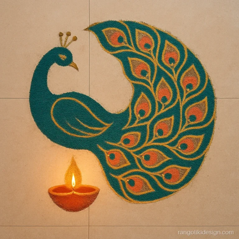 New Diwali rangoli design with a peacock in teal and gold