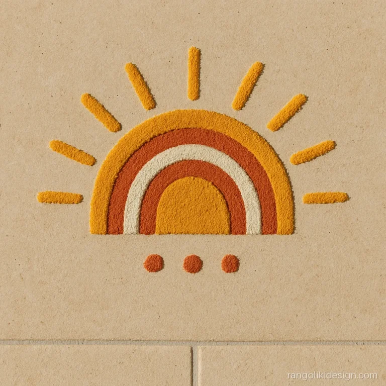 New model rangoli design with a boho sun in mustard and rust
