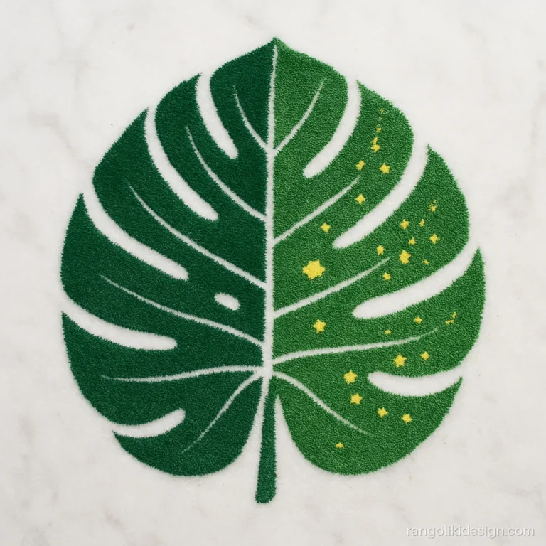 Latest rangoli designs simple style with a monstera leaf and dots