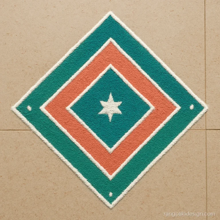Latest simple rangoli designs with nested diamonds in teal and coral
