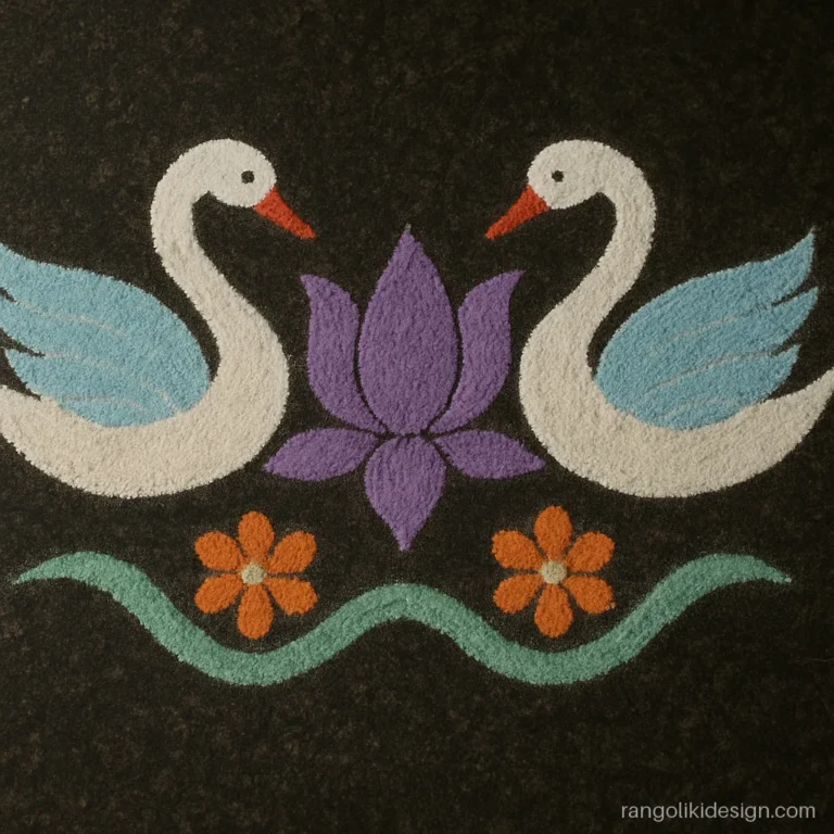 New style rangoli with two swans and a lotus in pastel colours
