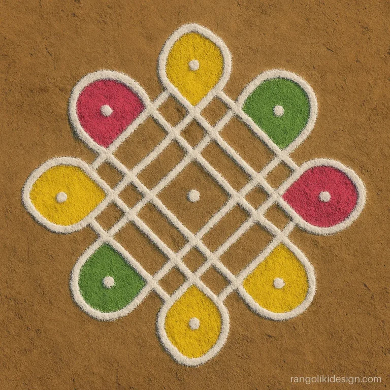Rangoli new designs with a kolam outline and colour filled loops