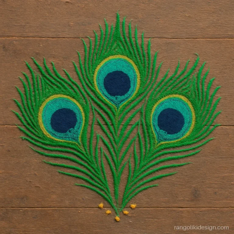 New rangoli designs simple style with three peacock feathers fanning out