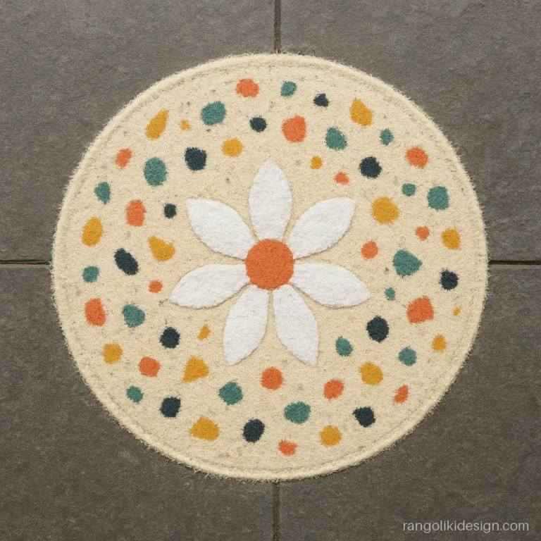 Simple new rangoli designs with a terrazzo style speckled circle