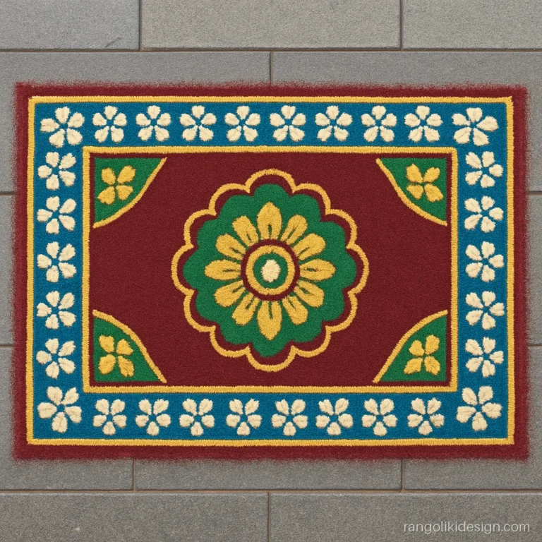 Latest galicha rangoli design with a carpet pattern in sieved colours