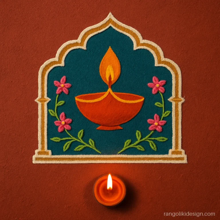 Trending rangoli designs with a Mughal jharokha arch framing a diya
