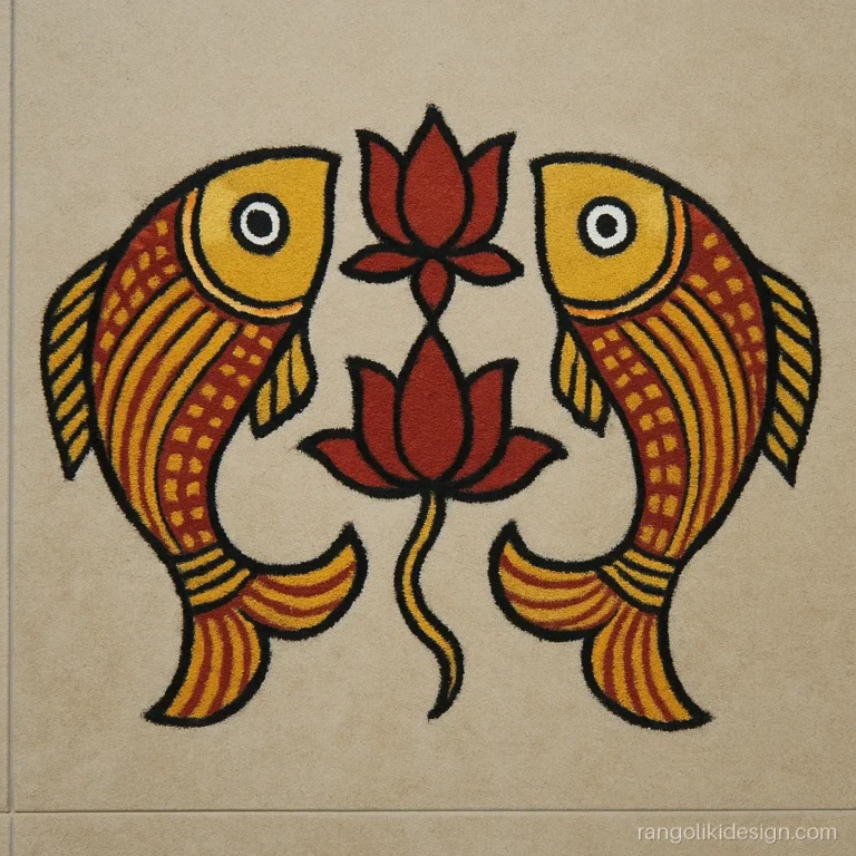 New style rangoli design with Madhubani fish in bold lines