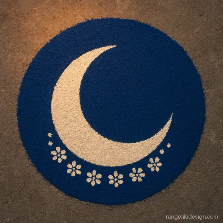 Recent rangoli design with a negative space crescent and dotted flowers