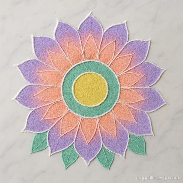 Latest rangoli design 2026 with a pastel ombre lotus in peach and lilac