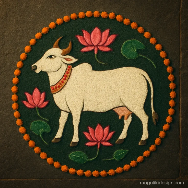 New trending rangoli designs with a Pichwai style cow among lotuses