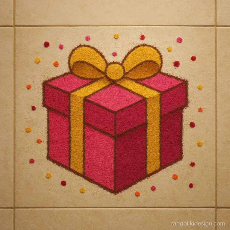 Unique rangoli design for new year with a shaded gift box and bow