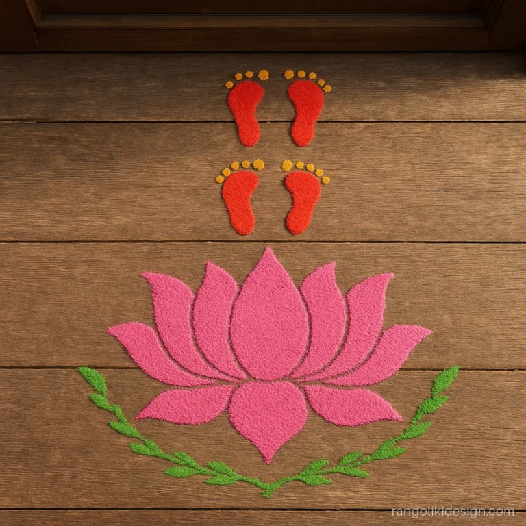 Bestu Varas rangoli design with Laxmi charan footprints and a lotus at the door