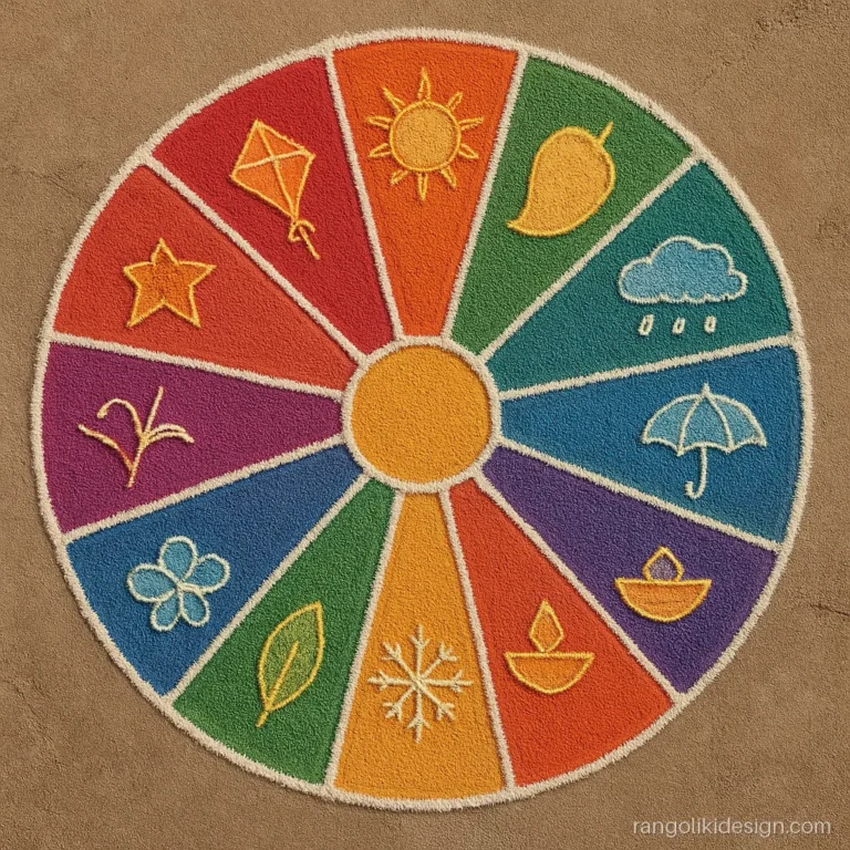 Unique rangoli design for new year shaped like a wheel with twelve season panels