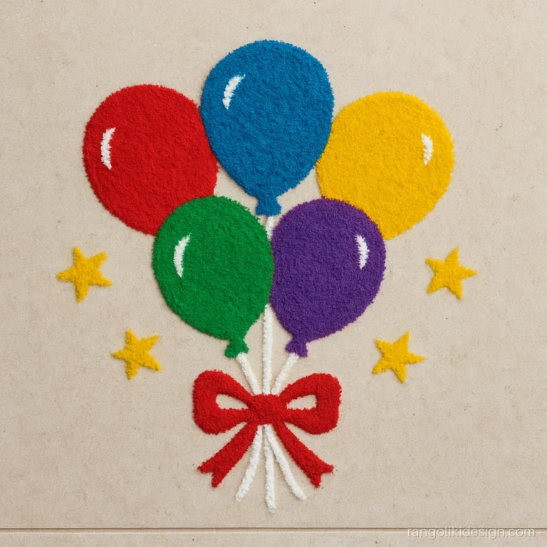Simple rangoli designs for new year with a bunch of five coloured balloons