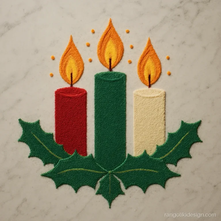 Easy rangoli design for new year with three candles and flames in a row