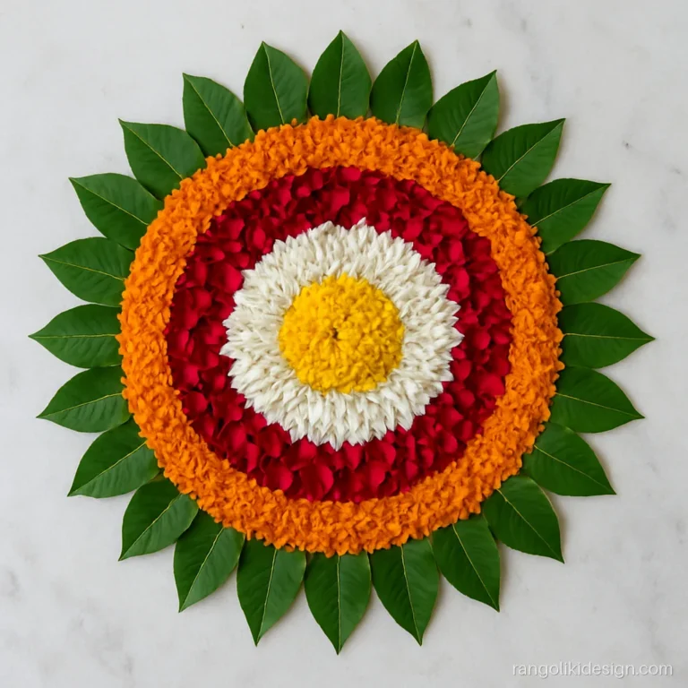 Flower rangoli designs for new year with marigold, rose petals and leaves