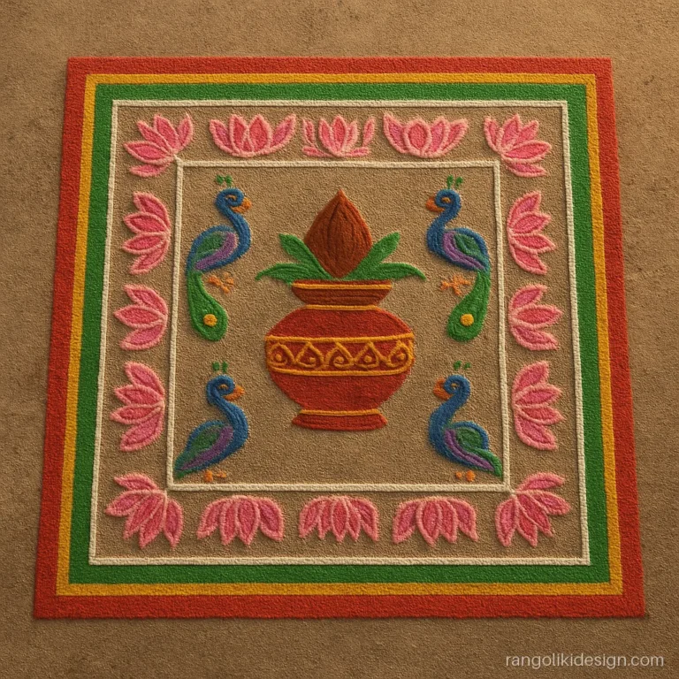Big rangoli designs for new year with a square chowk, kalash and peacock corners