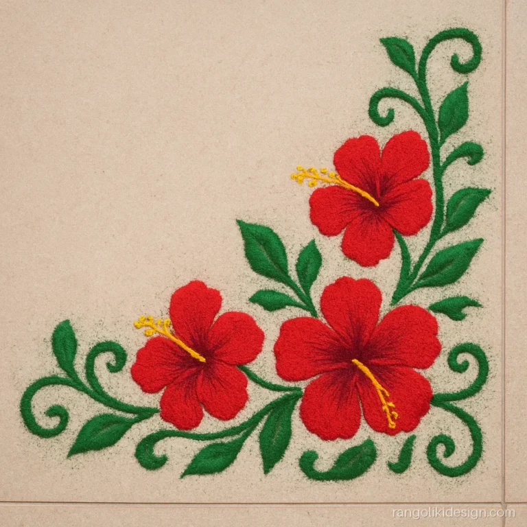 Flower rangoli design for new year with hibiscus and green leaves in a corner