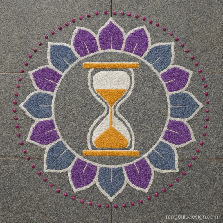 New year rangoli design with an hourglass inside a purple and silver mandala