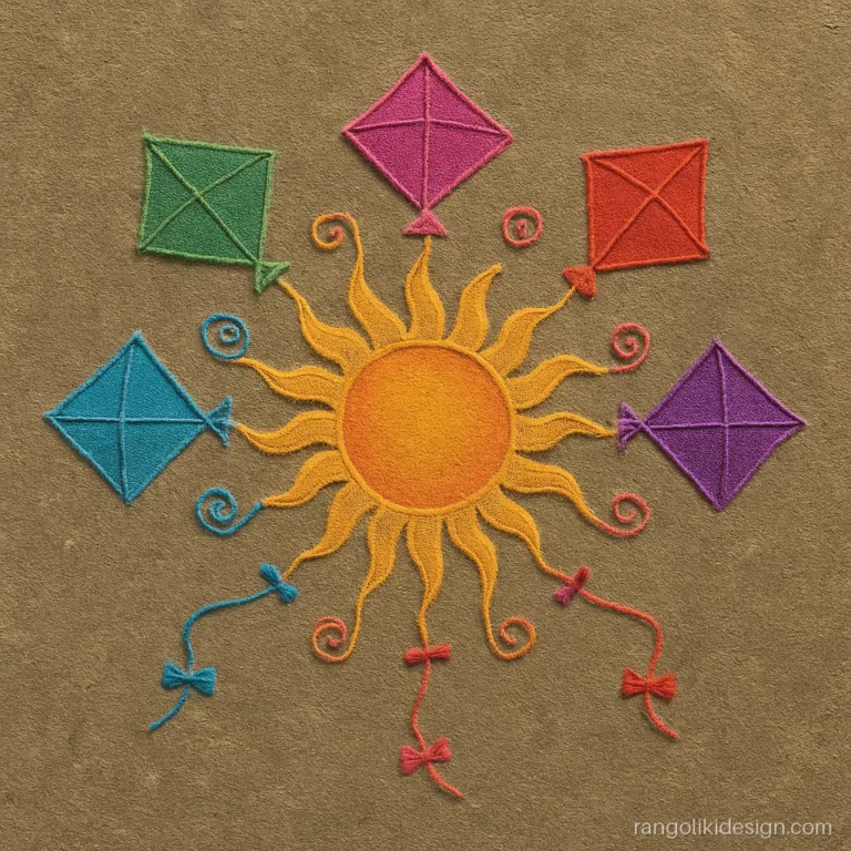 New year rangoli design with flying kites around a smiling sun for a contest