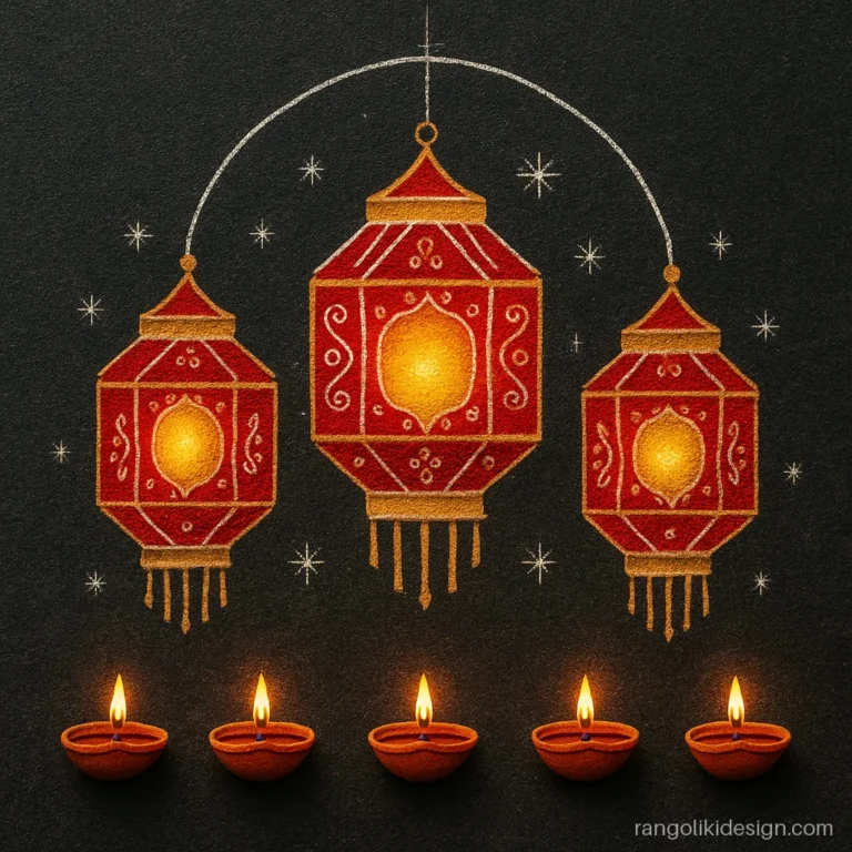 Unique new year rangoli of three hanging sky lanterns with glowing centres