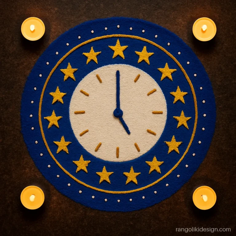 Happy new year rangoli design with a round clock at midnight and gold stars