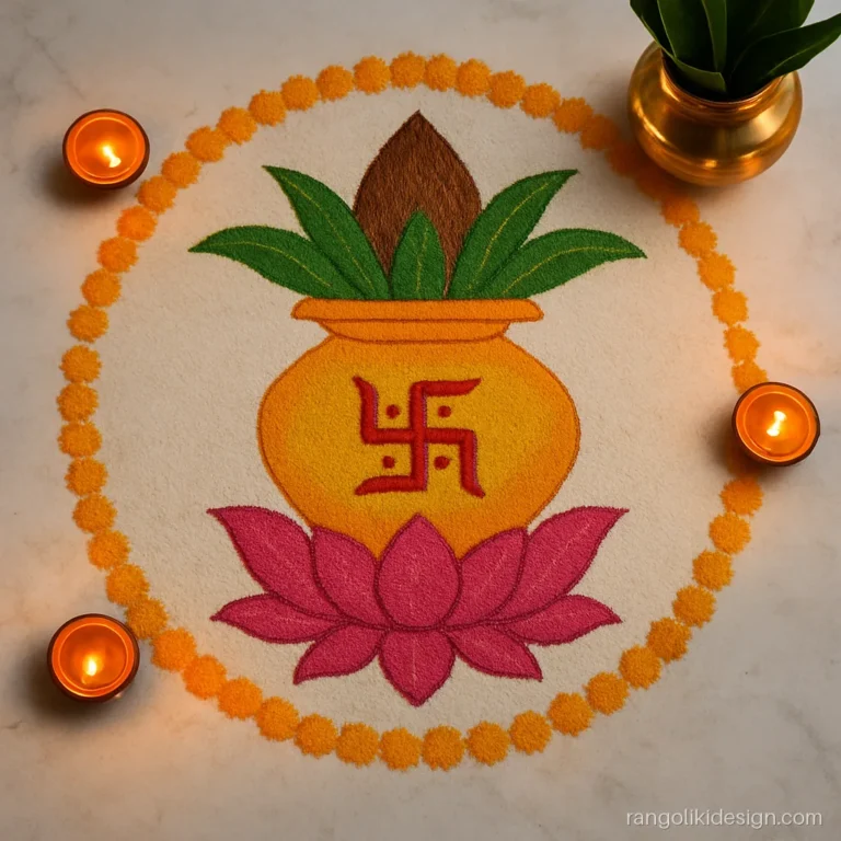 Nutan Varsh new year rangoli with a brass kalash, mango leaves and coconut